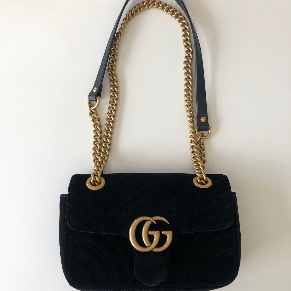 GUCCI Velvet Matelasse Small GG Marmont shoulder bag, black